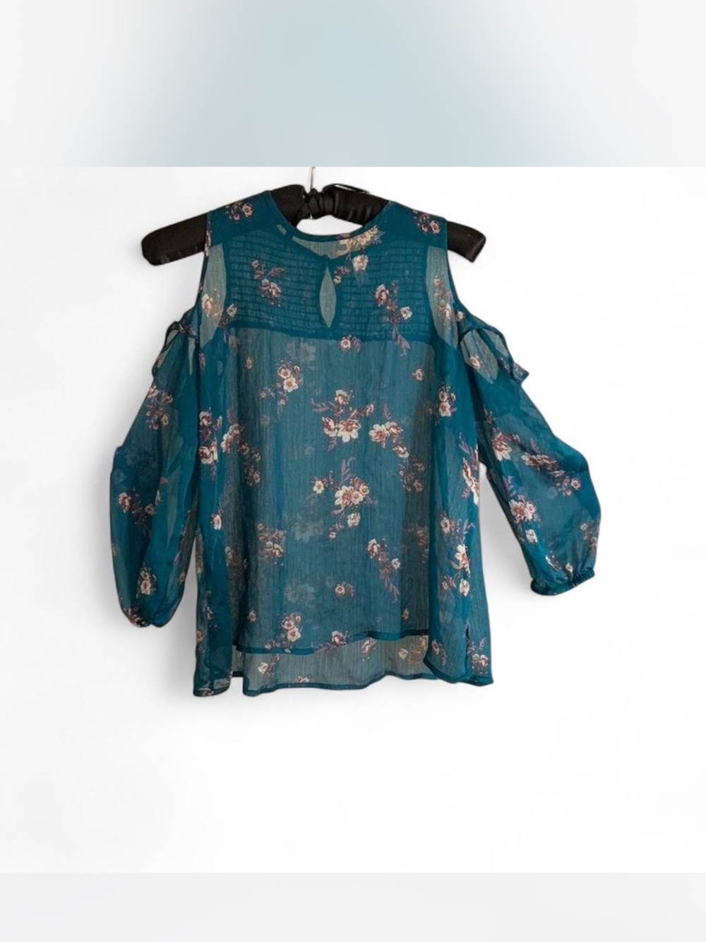 Fairycore Mudd Teal Floral Cold-Shoulder semi-sheer Blouse size M